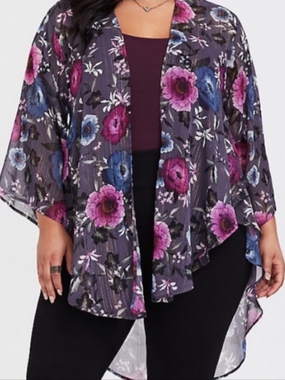 Torrid Sheer Gray And Pink Floral Caftan, Sz 3/4